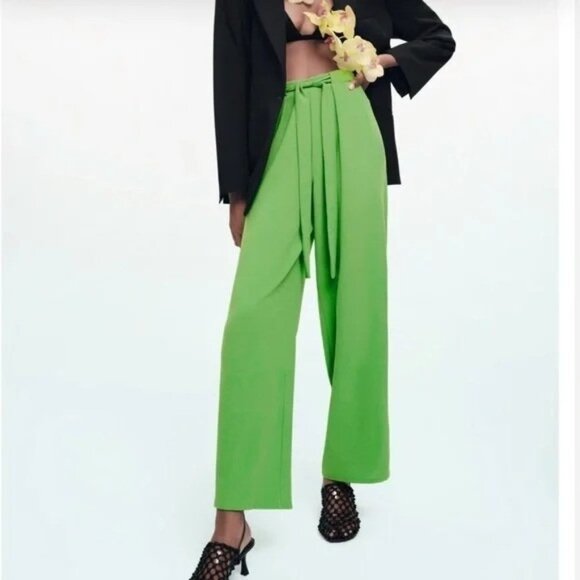 Zara Women's Medium Wide Leg Pull on Belted Kelly Green Pants NEW - Picture 1 of 8